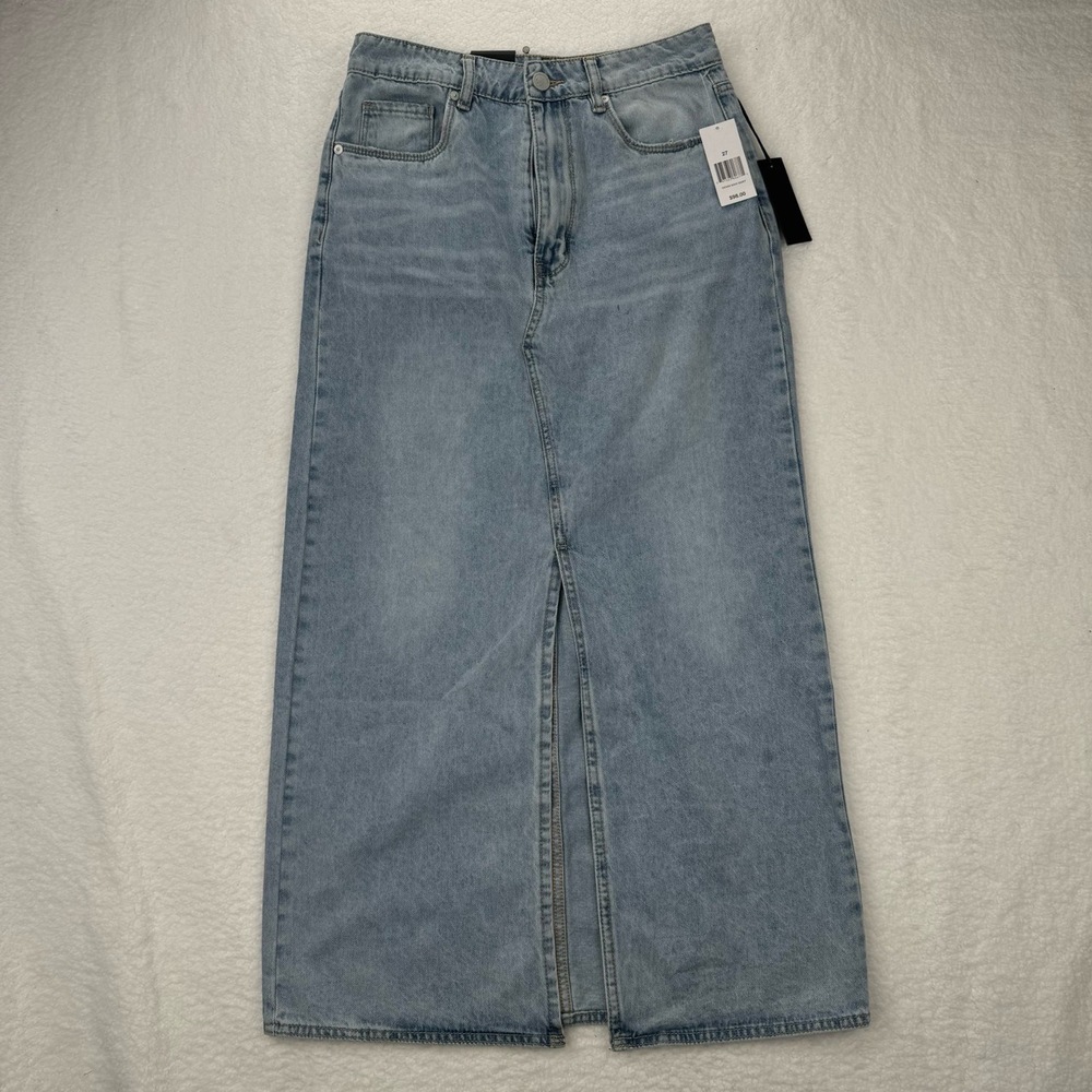 BlankNYC Denim Maxi Skirt Front Slit Light Wash Sz 27 Vintage Y2K Stretchy NWT - Picture 2 of 13